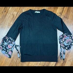 Loft Medium Black Floral Open Sleeve w/ Ties Bell Sleeves Boho Top Ann Taylor